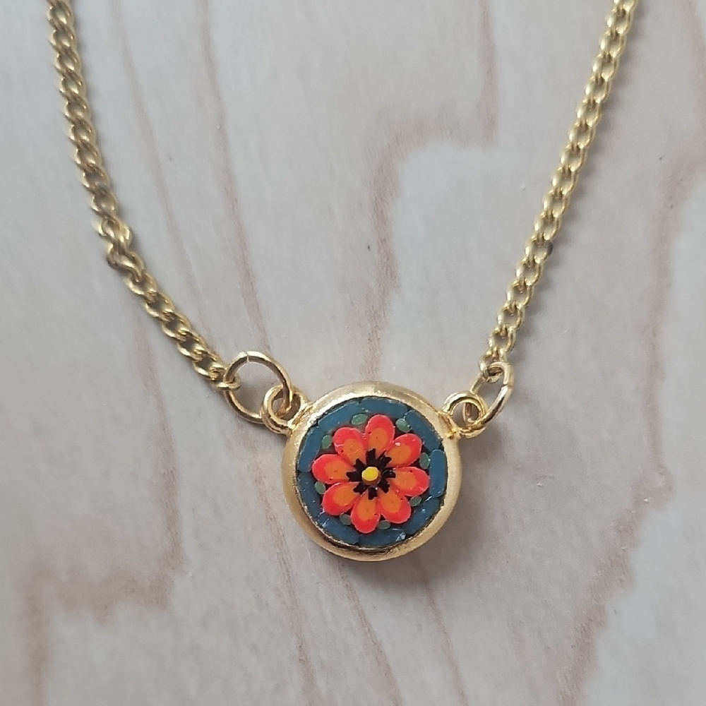 Gold Chain Necklace with Red and Black Flower Pendant - Picture 2 of 4